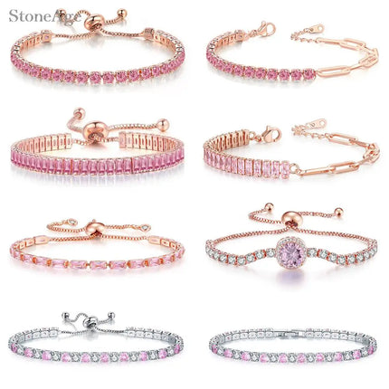 Pink Crystal Tennis Bracelets for Women Female Trend Romantic Shiny Zirconia Adjustable Folding Buckle Chain on Hand Jewelry