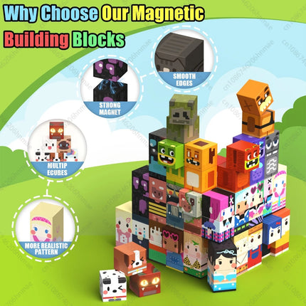 Magnetic Building Blocks Mine World Character People Animal Brick Cubes STEM Educational Family Toy Gift for Boys Girls Children