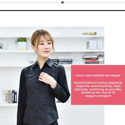 Black Long Sleeve Women's Shirt Professional Formal V-neck Workwear Slim Fit Cotton Work Uniform Button-up Casual Shirt