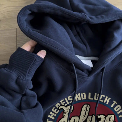 Design Sensation Small Print k Blue Hoodie Women's American Retro Loose Oversize Top Trendy Streetwear Polyester Fiber