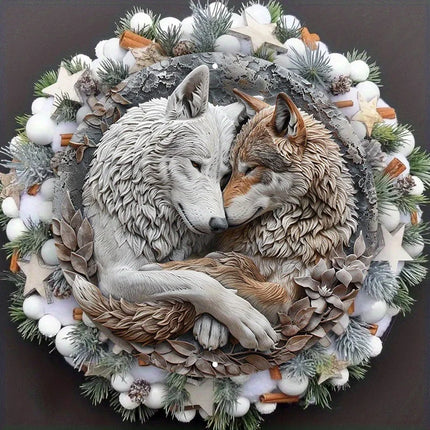 Wolf Couple Metal Wall Art - 8" Aluminum Round Wreath Sign - Weather Resistant HD Print for Home Decor