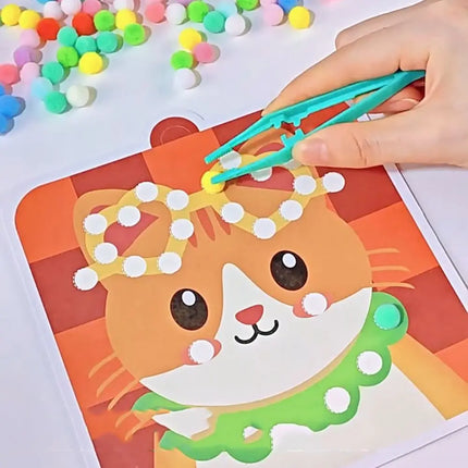 Handmade Material Children's Sticker Book Educational Early Learning Animal Pompom Art Kit Cartoon Montessori Pompom Crafts Toy