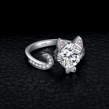 JewelryPalace New Arrival Love Cat 3ct Round Gemstone 925 Sterling Silver Open Adjustable Ring for Woman Girl Fashion Cute Ring