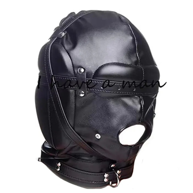 Leather Padded Hood Mask Blindfold Head Restraint Harness Mask, BDSM Bondage Gimp, Sexy Costume