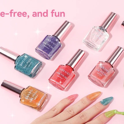 SAVILAND 12 Color Glitter Nail Polish Set Air Quick Dry Non Gel with Base Top Coat Holographic Shimmer Lacquer for Manicure