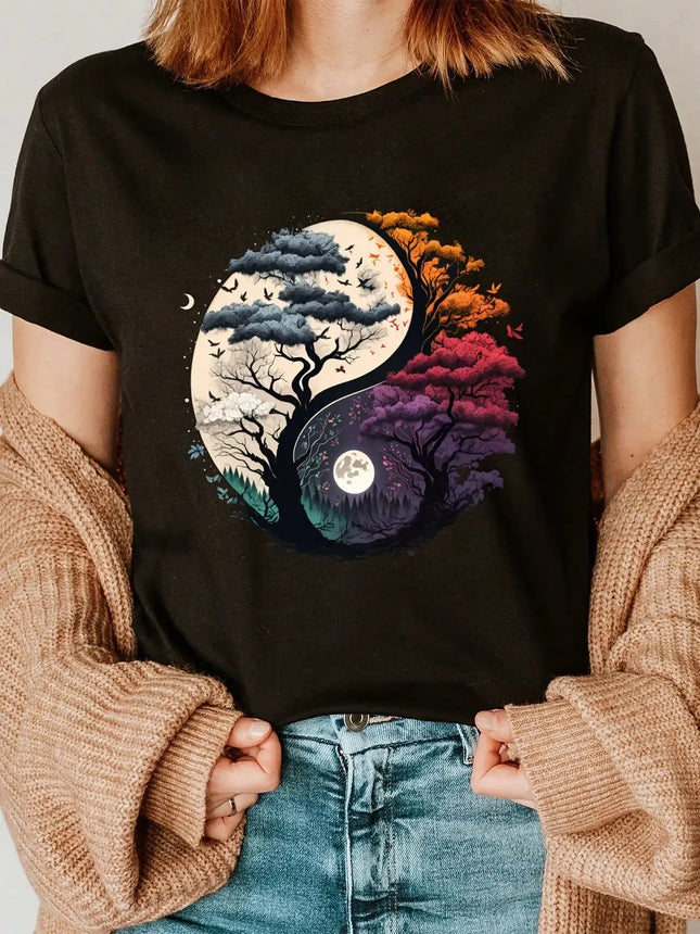 Trendy Women's Spring Summer Yin Yang Tree of Life Casual O-Neck Regular T-Shirt Graphic T-Shirts Women's Clothing