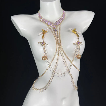 Purple Crystal Necklace with Nipple Clamps and Body Chain Metal Material Bells SM Nipple Stimulation Adult Toy Couples' Teasing