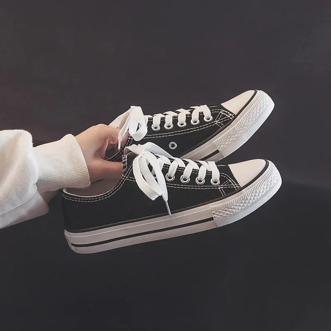 Flat Bottom Canvas Shoes Women's Versatile Low Cut Rubber Sole Pure Color Adult Slip-On Fashion Trendy White Sneakers