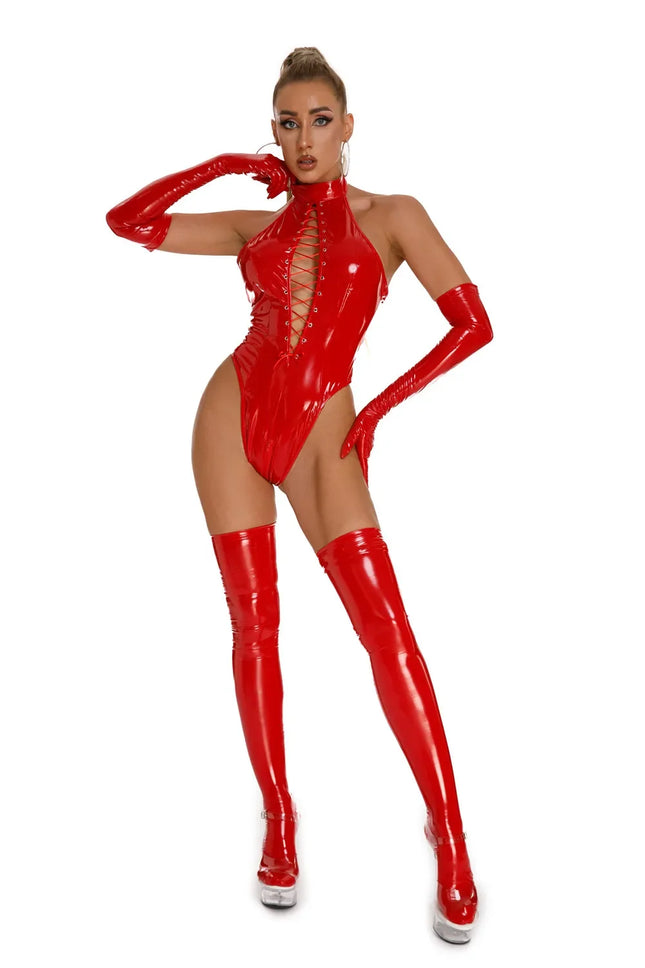 Women's Sexy Shiny Leather Bodysuit Erotic Porn High Cut Open Crotch Wetlook Latex Leotard Set Sleeveless Lingerie Bandage Sissy