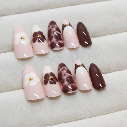 Dark Brown Flowers 24 Pcs Press-on Nails Pink Nail Polish Glossy Artificial Finger Manicure Reusable False Nails