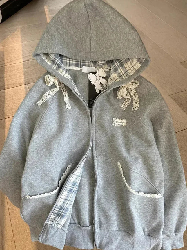 Lace Patchwork Hoodies Women Cute Bow Long Sleeve Sweatshirt Japan Preppy Style Sweet Loose Long Sleeve Female Gray Outwear