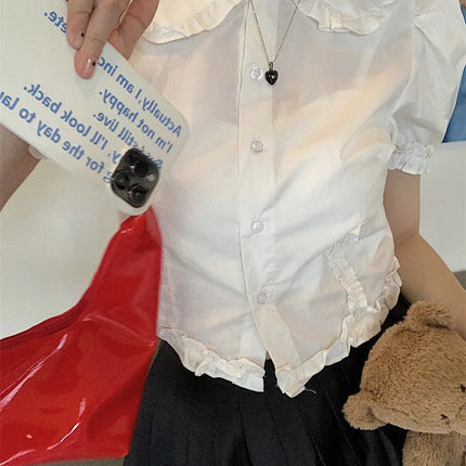 White Doll Collar Bubble Sleeve Shirt Women's Summer 2025 New Design Sweet Short Style Top Polyester Fabric Pure Color Fresh...