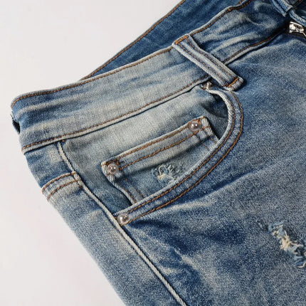 Men Classic Light Blue Stretch Denim Jeans Streetwear Vintage Ripped Cotton Pants Skinny Tapered Trousers