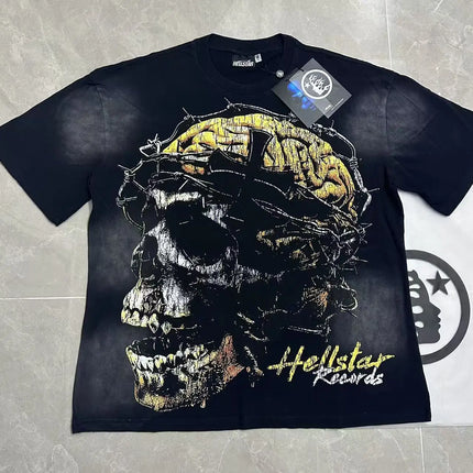Retro Washed Loose Ex-Ort Sweet T-shirt Hell Star Skull Letter Print High Street Short Sleeve Summer Top for Men and Women