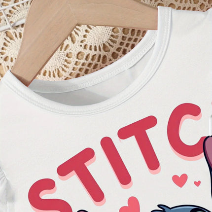 Flame Resistant Girls Pajamas Set Cute Stitch Strawberry Print Ruffle Short Sleeve Top Shorts Soft Breathable Sleepwear