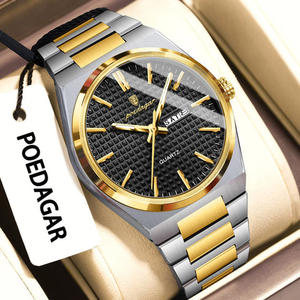 POEDAGAR Luxury Fashion Men's Wristwatch Waterproof Luminous Date Week Man Clock Stainless Steel Quartz Business Watches For Men