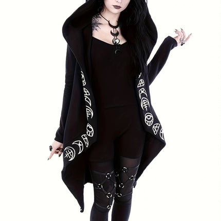 Enchanting Gothic Hooded Cardigan - Witchcraft-Inspired Design, Cozy Long Sleeves, Versatile for Casual Wear