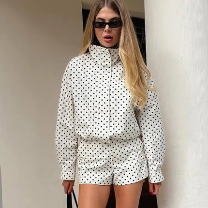 HH Woman Autumn Long Sleeves Turtleneck Zipper With Pockets Drawstring Casual Coats Women Fashion Polka Dot Printed Jacket