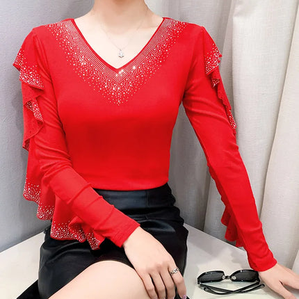 2025 Autumn New Style Mesh Tops Korean Fashion Round Neck Ruffles Shirt Lotus Leaf Edge Hot Diamond Long Sleeve Women T-Shirt