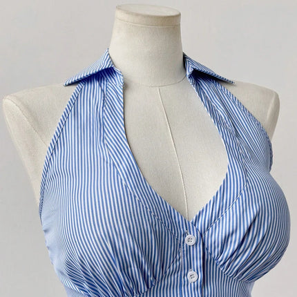 Oversized Women's Sleeveless Pleated Hem Casual Shirt Blue Striped Shirt V-Neck Beach Resort Backless