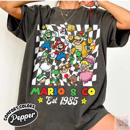 Super Mario Family Vintage T-shirt Men and Women Summer Cotton Y2K Clothing Cartoon High Quality Short Sleeved Tee Streetwear