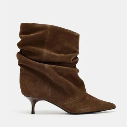 Liyke Brown Retro Elegant Designer Ankle Boots Women Fashion Pleated Suede Autumn Winter Low Thin Heels Party Prom Chelsea Shoes