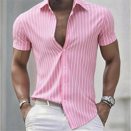 Men's Shirt Striped Slim Fit Short Sleeve Shirt, Breathable Lapel Button Fashion Hawaiian Shirt, Comfortable Fabric XS-6XL