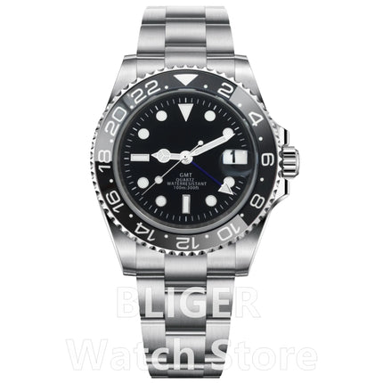 BLIGER 40mm 515 24H GMT Men's Watch Stainless Steel Clasp Luminous Quartz Movement Ceramic Bezel Sapphire Glass 10Bar Waterproof