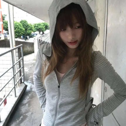 Tonngirls Y2k Japanese Hoodies Women Long Sleeve Striped Sweatshirt Streetwear American Striped Hoodies With Zipper E-girls