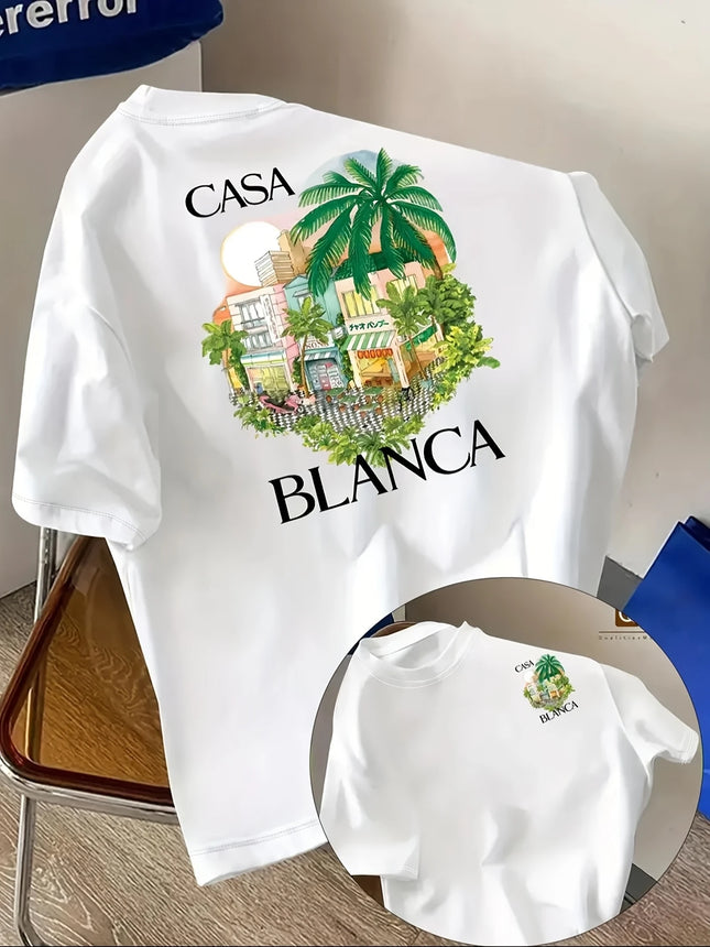 Men's Casa Blanca Tropical Street Print T-shirt Oversized 100% Polyester Streetwear Short Sleeve Tops S-XXL