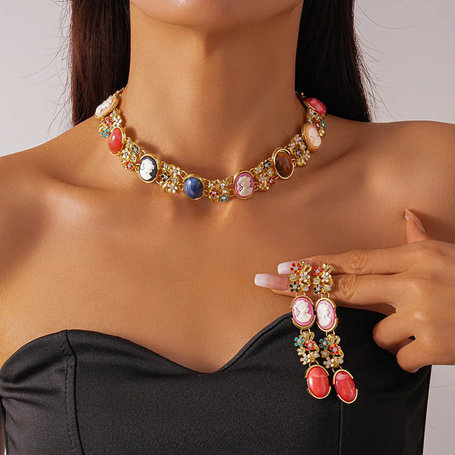 Colorful Flowers Portrait Resin Bracelets Dedicate Palace Style Vintage Rhinestones Chokers Necklaces Oval Pendant Earrings B