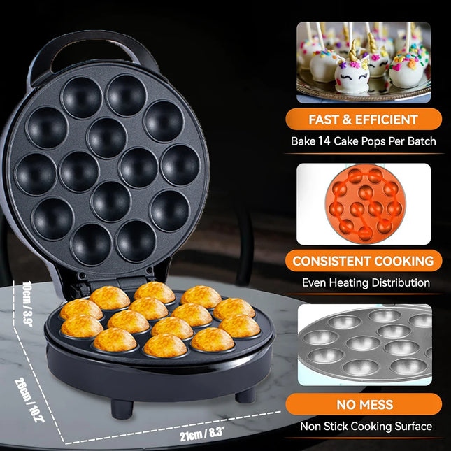 14-Hole Electric Cake Pop and Takoyaki Maker, Non-Stick Waffle Machine, Egg Cake Oven Pancake Maker for Kids' Birthdays