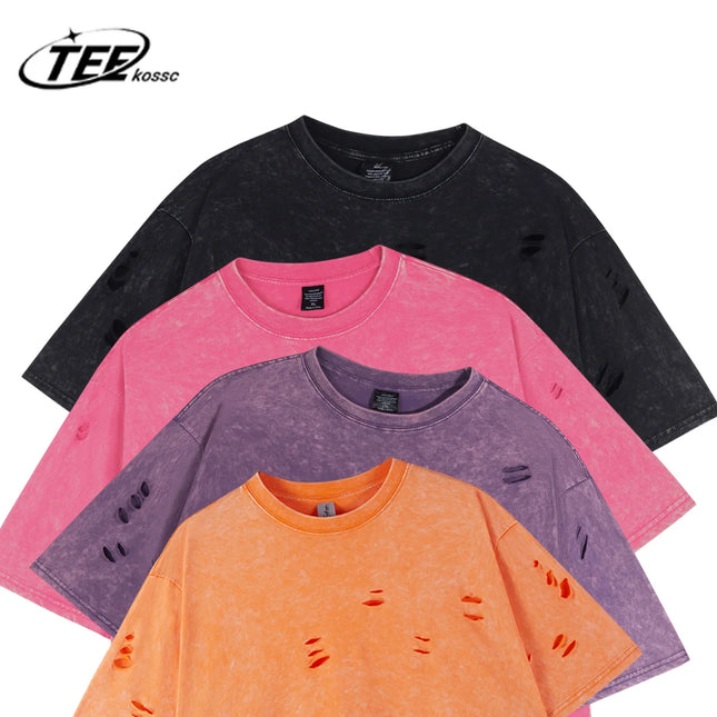 9 Colors Vintage  Solid Washed And Distressed T Shirt Men Women Loose Holes Clothes Fitting Pure Cotton Loose Couple T-Shirt