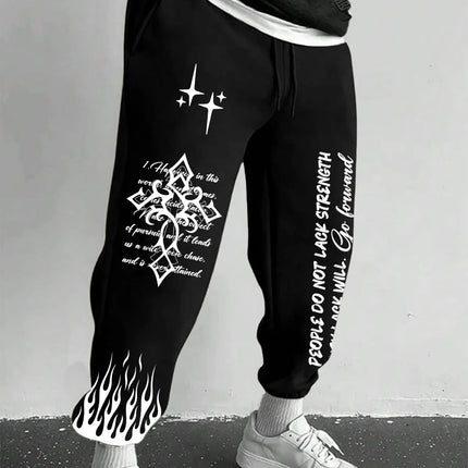 Men's Retro Vintage Script Letter Flame Graphic Joggers Elastic Cuff Sweatpants Popular Streetwear Casual Pants