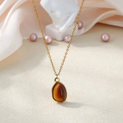 Trendy Oval Colorful Stone Necklace For Women Stainless Steel Gold Color Green Opal Stone Pendant Necklace Aesthetic Jewelry Gif
