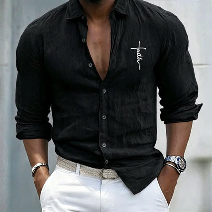Men's Casual Linen-Like Shirt, 'Faith' Print, Roll-Up Long Sleeve, Button Down, Loose Fit, Beach & Daily Tops