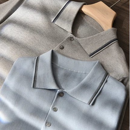 85% Silk + 15% Cashmere Men's T-shirt Casual Solid Color Knitted Pullover Short Sleeved Polo Neck Tees Basic Tops