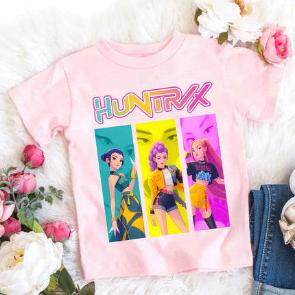 2026 New Style Korean-style Demon Hunter Printed Cotton Fashion Casual Round-neck Cartoon Girls' T-shirt for Summer