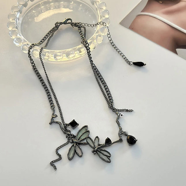Sweet Cool Gun Black Fantasy Dragonfly Necklace for Women Gothic Black Tassels Choker Niche High-End Clavicle Chain Jewelry