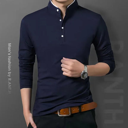 Fashion Men's Contrast Trim Mandarin Collar Polo Shirt Long Sleeve Breathable Casual Daily Wear Top