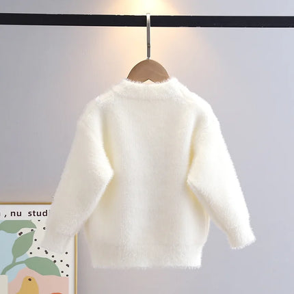 2025 Sweaters for Kids Girls Winter Warmer Bow-tie Sweater Fluffy Flocking Knitted Tops Outfit Student Princess Clothing IY08151