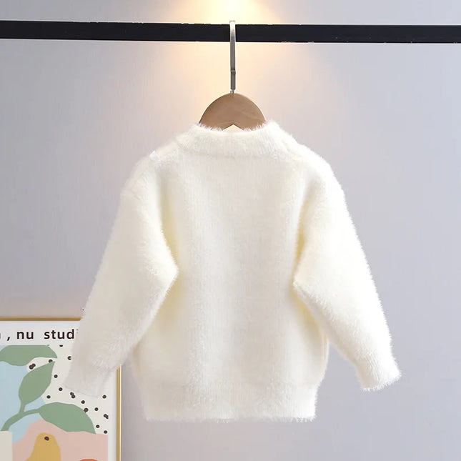 2025 Sweaters for Kids Girls Winter Warmer Bow-tie Sweater Fluffy Flocking Knitted Tops Outfit Student Princess Clothing IY08151