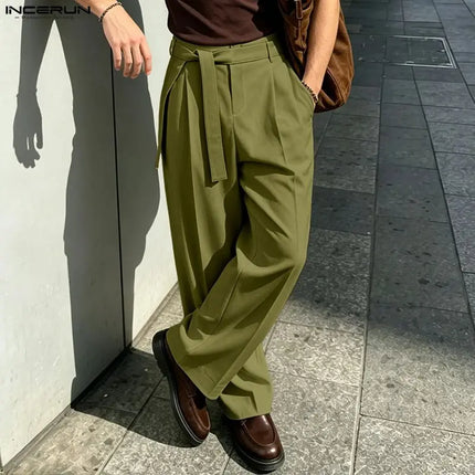 INCERUN Men's Pants Solid Color Lace Up Joggers Loose Casual Men Bottoms Streetwear 2026 Fashion Leisure Wide Leg Pants For Man