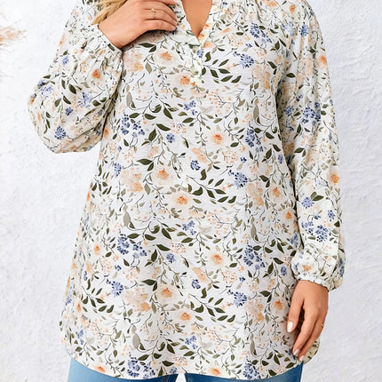 Women's Plus Size Floral Print V-Neck Long Sleeve Loose Top