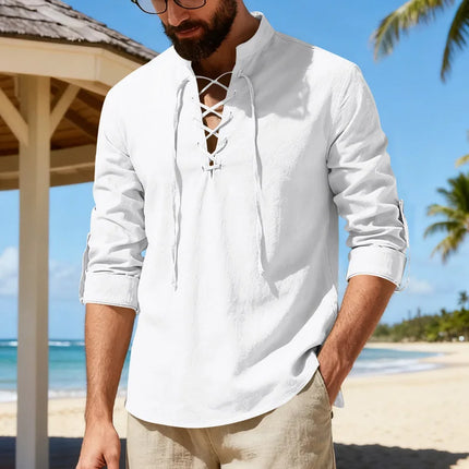 2026 New Men's Cotton Linen Shirt Long Sleeve Male Shirts Henley Button Strap Stand Collar Casual Shirt Spring Summer Vintage