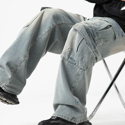 Men's new multi pocket workwear design jeans retro washed Japanese and Korean casual pants loose pants soft and cool