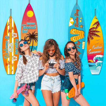 4Pcs Surfboard Party Banner Summer Wall Decor Surfboard Wall Hanging Banner Sign Beach Decoration Summer Theme Decor Hawaiian