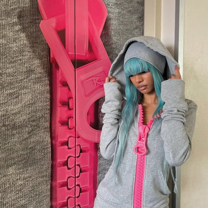Womens Oversized Zip Up Hoodie Colorful Giant Hair Clip Barrette  Pink Black Grey Long Sleeve Cropped Sweatshirt Hooded Jacket