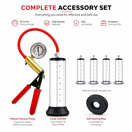 Manual Penis Vacuum Pump with Gauge, Acrylic Male Enlargement Extender Trainer, Masturbation Pump Adult Sex Toy Set for Men