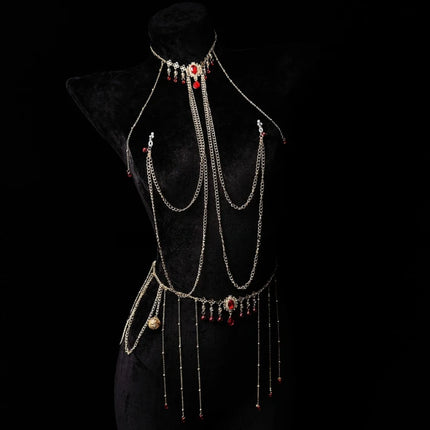 Red Gem Nipple Clamps Body Chain Integrated Sensual Body Restraint Sexy Accessories Breast Clips Bell Pendants Adult Sex Toy 18+